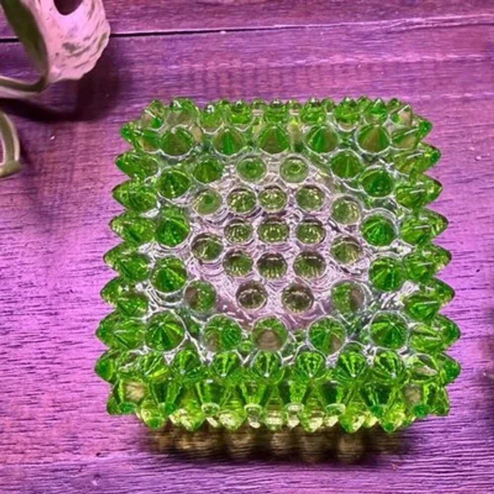 2 Fenton Hobnail Square Green Salt Cellar Tea Light Candle Holders